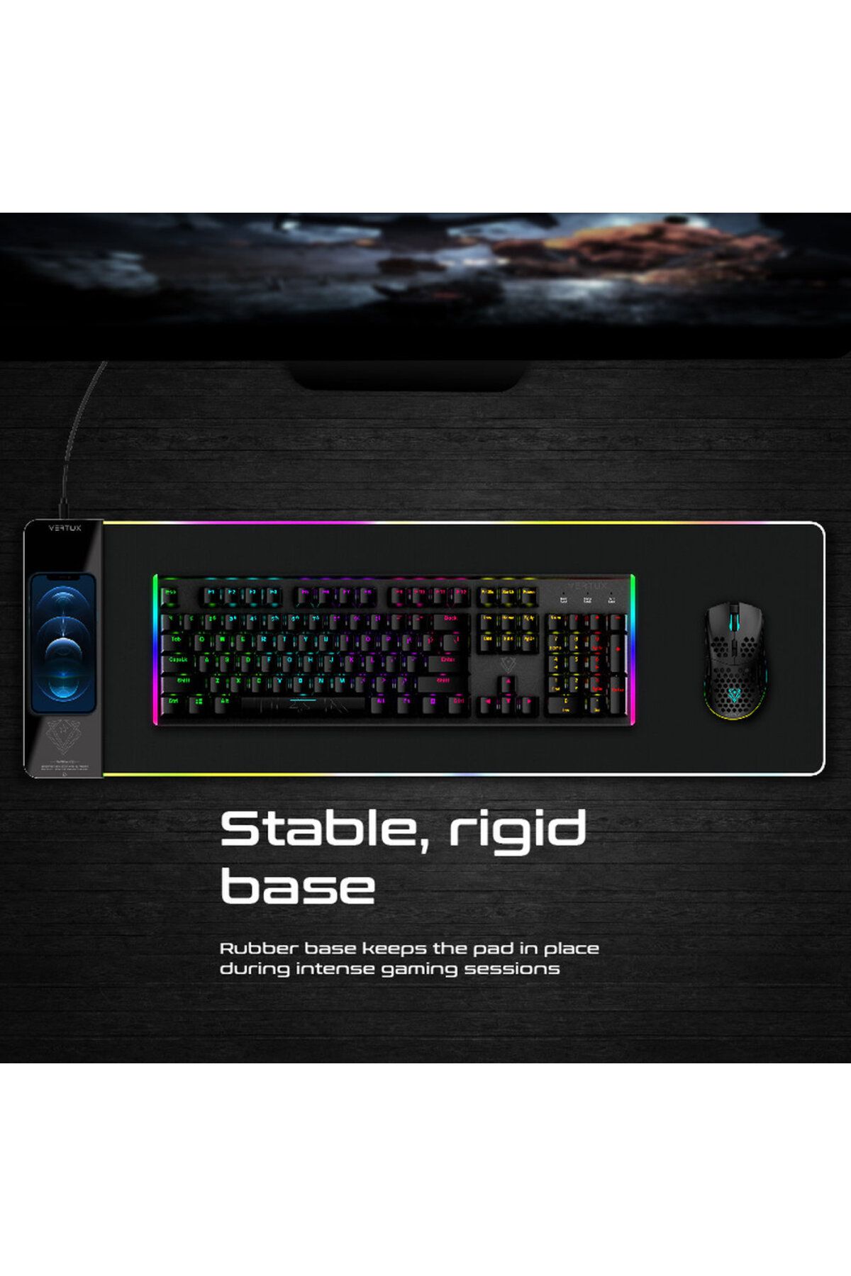 Promate-Vertux RGB Mouse Pad with Wireless Charger 2-in-1 Gaming Mouse Pad with Anti-Friction Surface and Ultra-Fast Wireless Charging 2