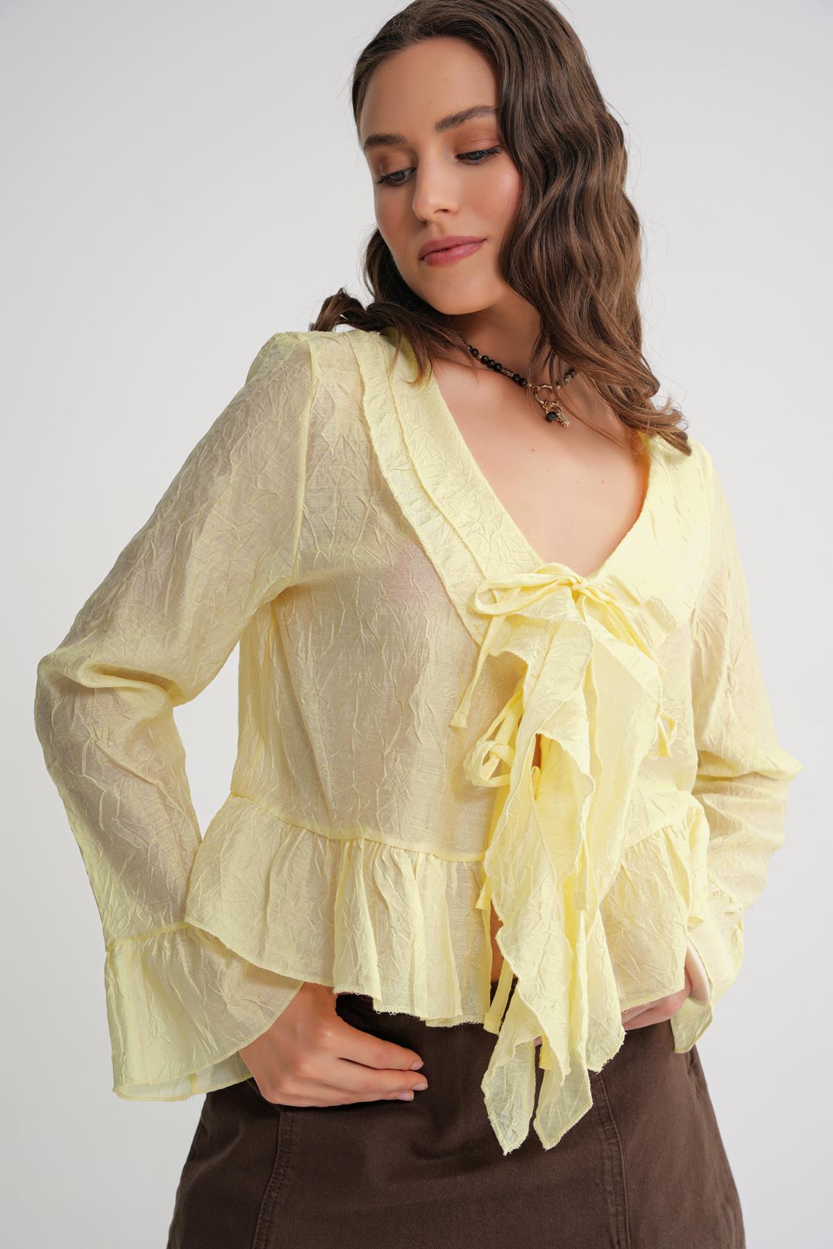 Mixray  4727 Kadın Yakası Fırfırlı Kraşlı Bluz Sarı - Görsel 3