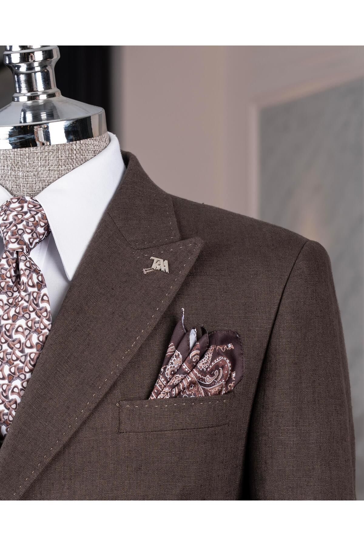TerziAdemAltun-Italian Style Slim Double Breasted Men's Single Jacket Brown T13661 5