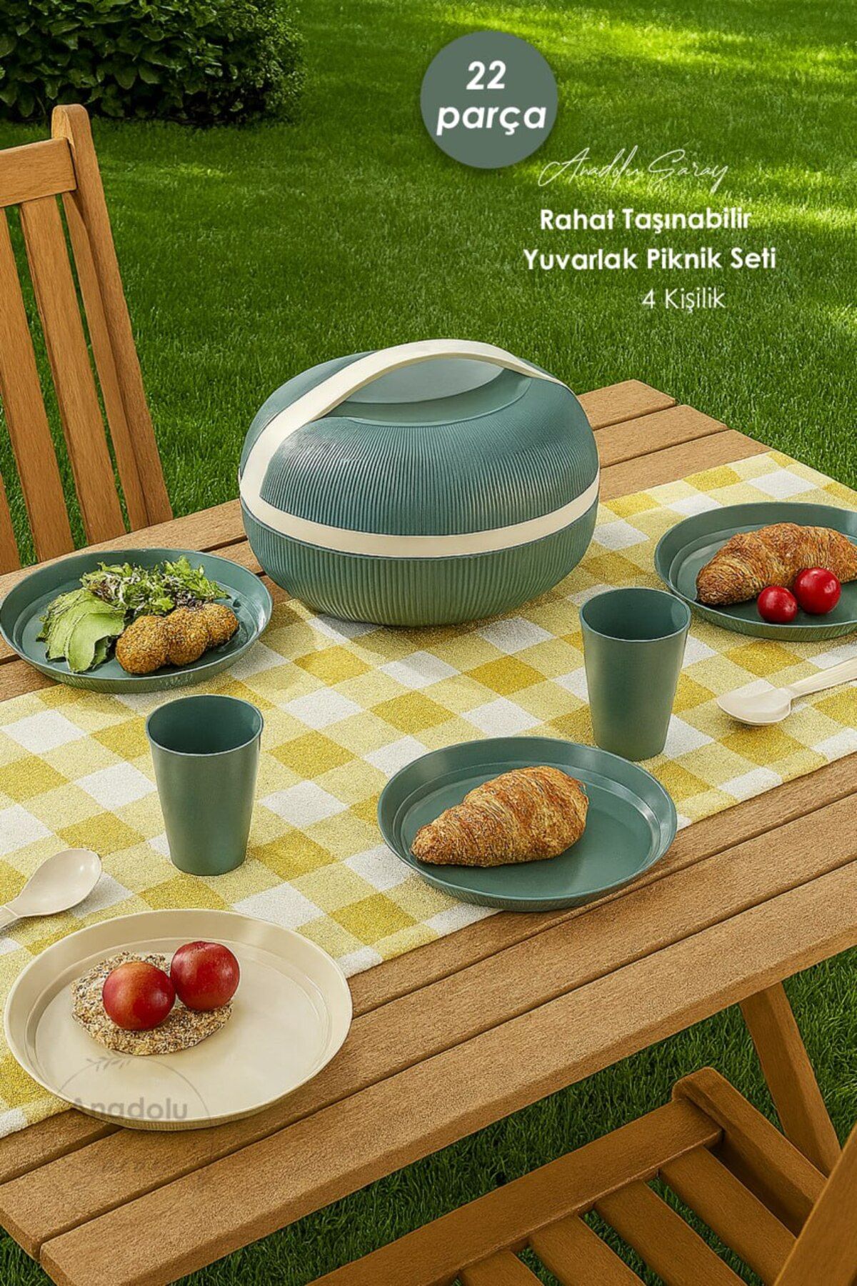Anadolu Saray-22 Piece Green 4-Person Multi-Purpose Portable Comfortable Portable Round Picnic Set 2