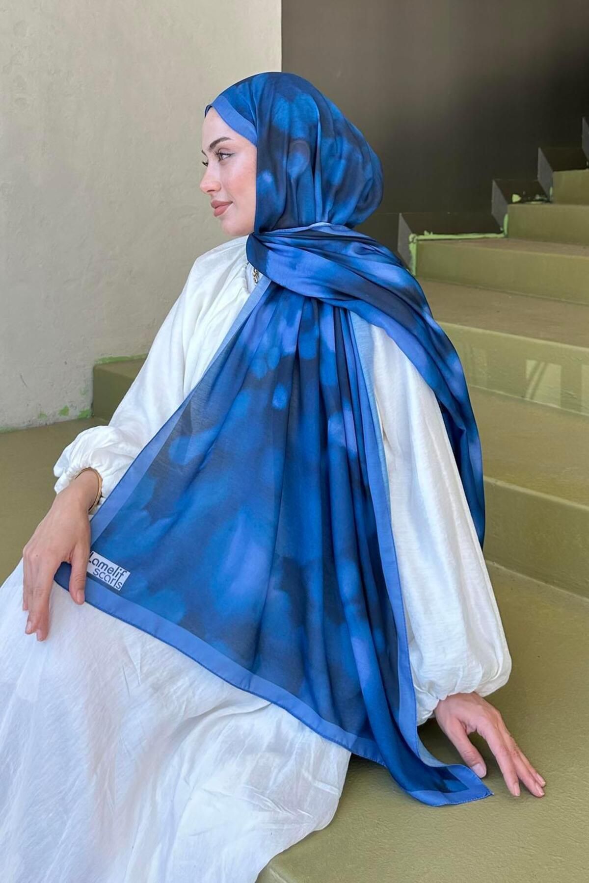 lamelif-Batik Pattern Soft Shawl Indigo 4