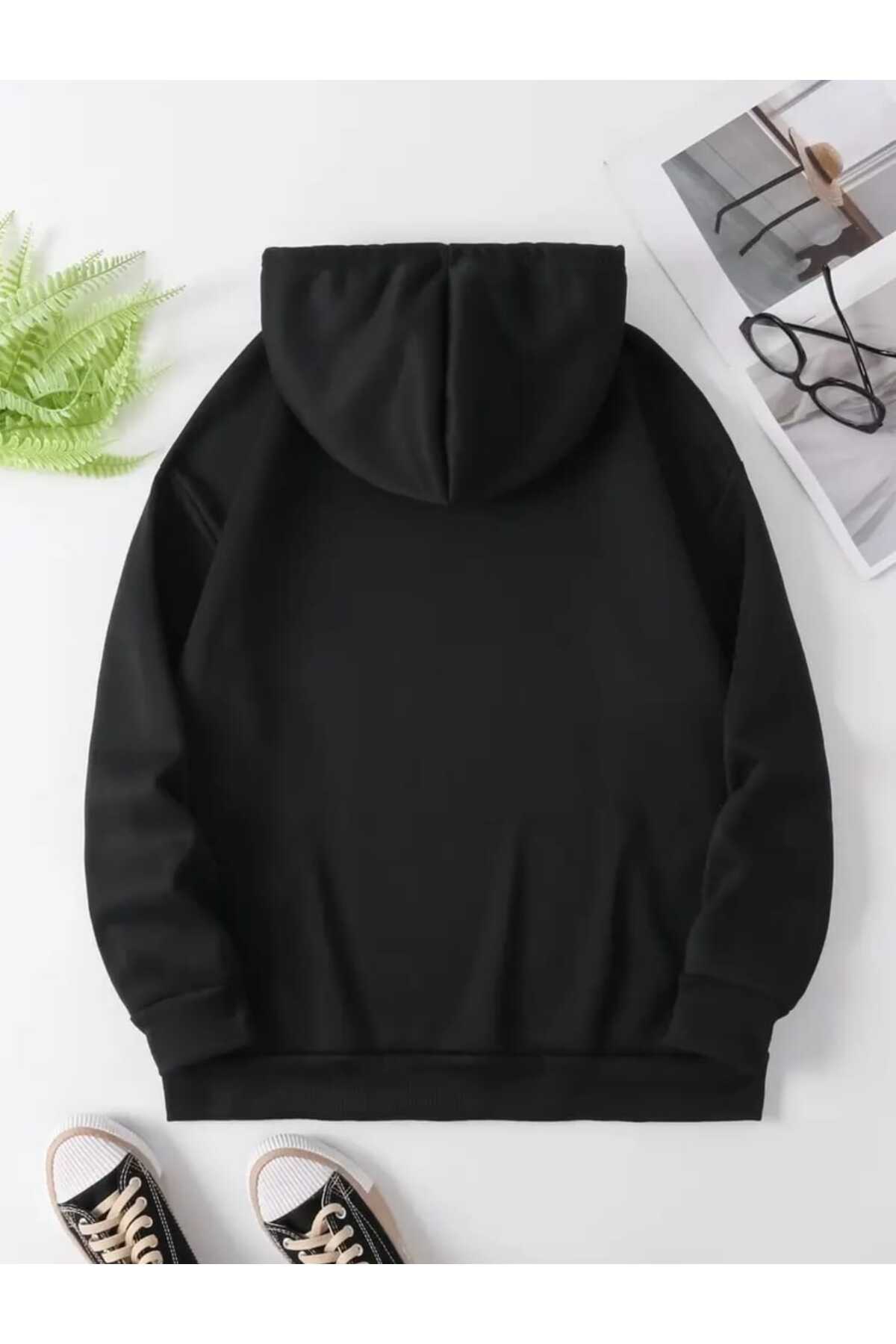 caddekombin  Güneş Ay Gezegen Baskılı Kapüşonlu Cepli Pamuklu Siyah Sweatshirt - Görsel 2