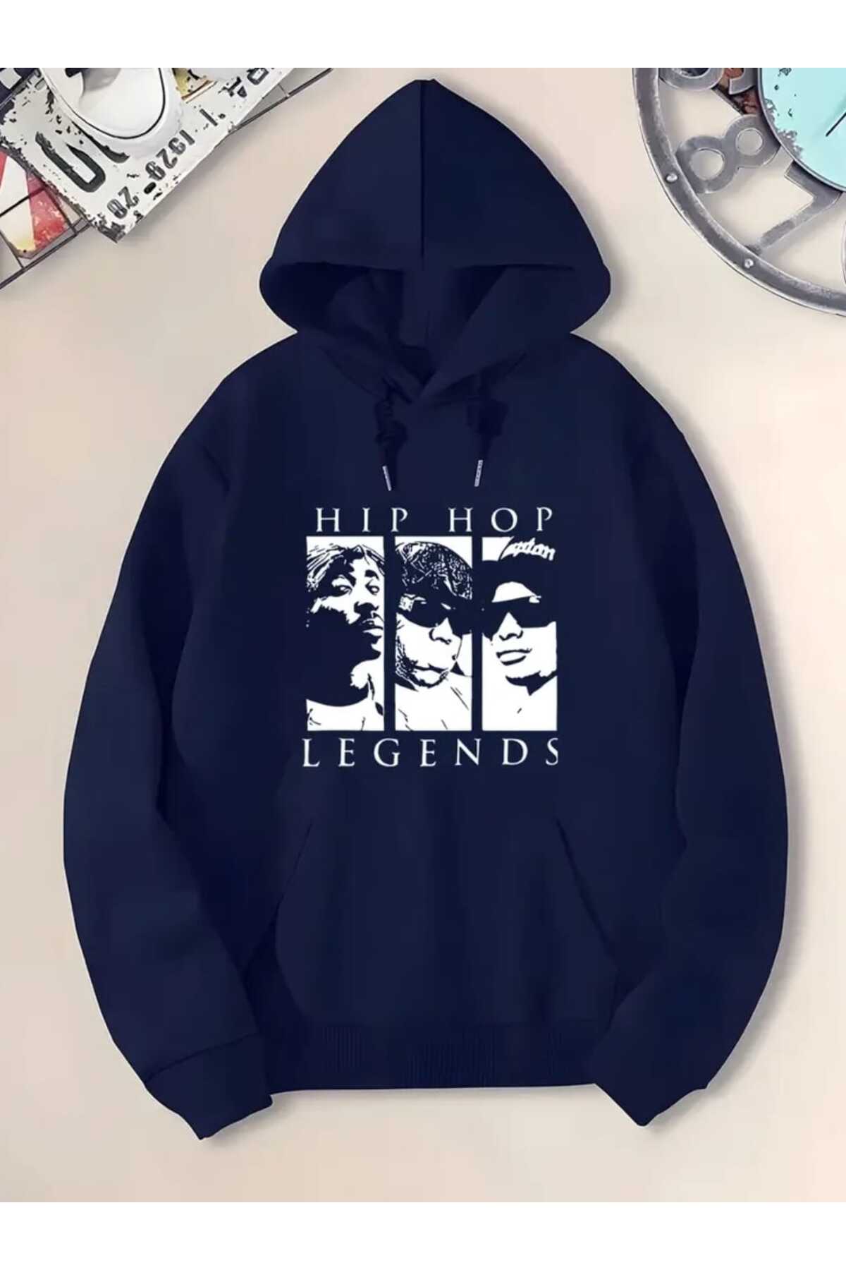 caddekombin Hip Hop Legends Printed Hooded Pocket Navy Blue Sweatshirt with Wool Inside