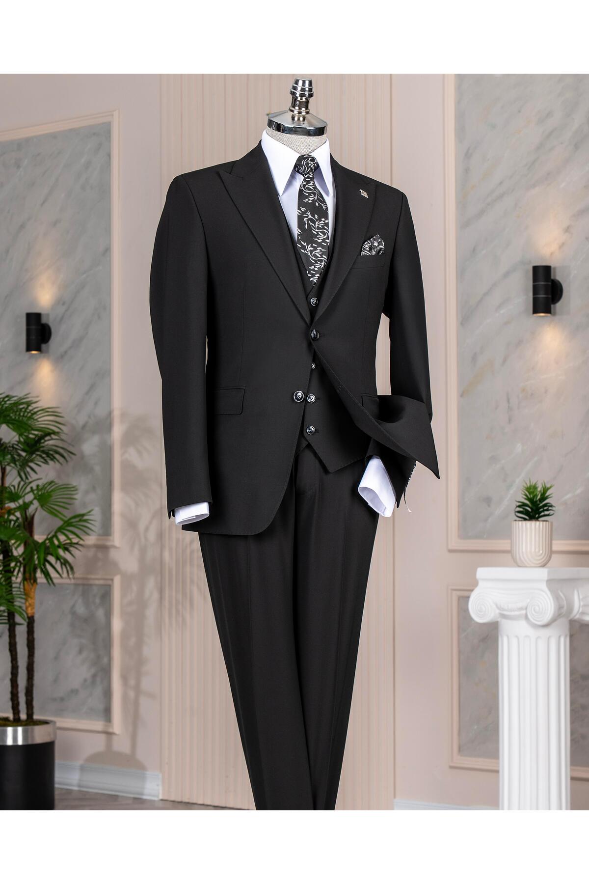 TerziAdemAltun Italian Style Slim Fit Jacket Vest Pants Suit Black T14311