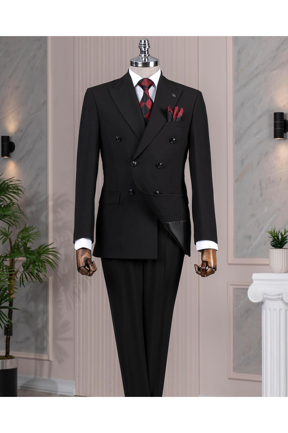 TerziAdemAltun Italian Style Double-Breasted Jacket Pants Suit Black T14115