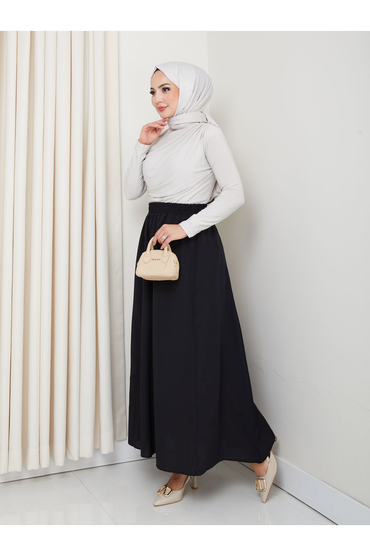FERHEL-6 Piece Flared Hijab Skirt with Pockets and Elastic Waist 2