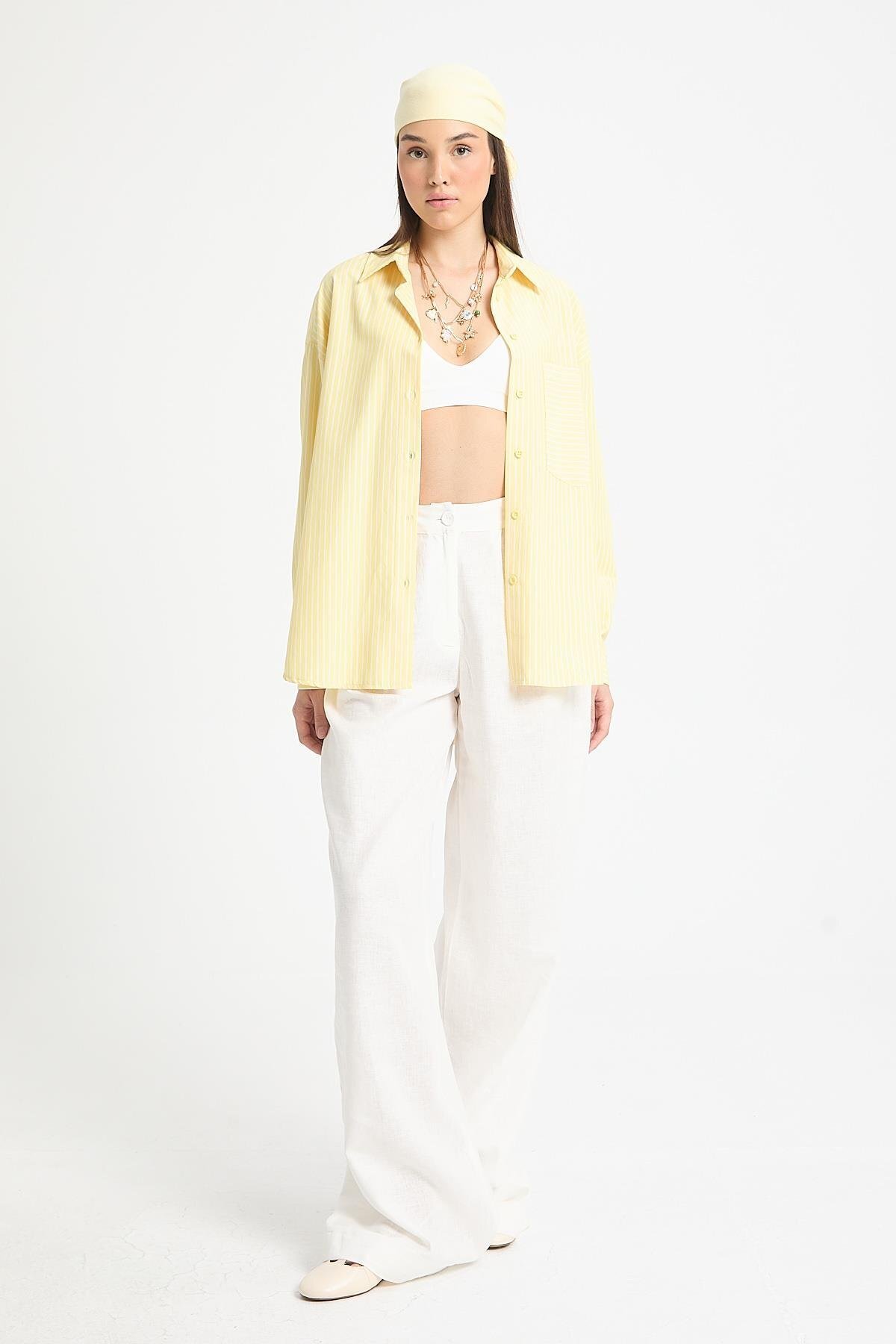 minaaise  Sarı Beyaz Çizgili Oversize Cepli Gömlek 27135 - Görsel 3