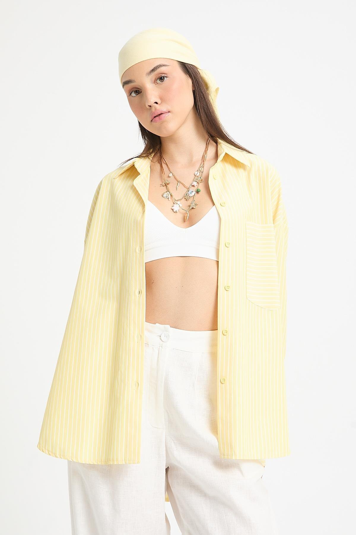 minaaise  Sarı Beyaz Çizgili Oversize Cepli Gömlek 27135 - Görsel 7