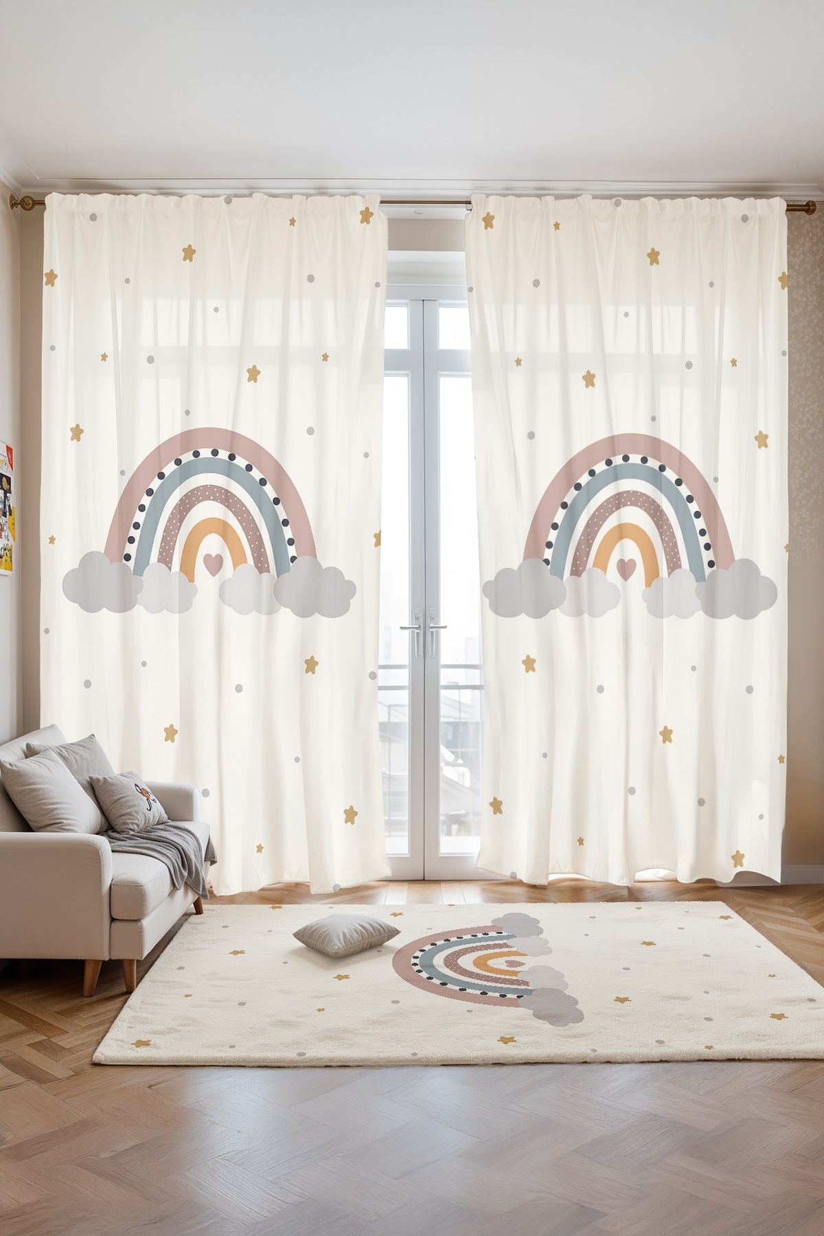 Evpanya Sade Pastel Gökkuşağı Desenli Çocuk Bebek Odası Fon Perde (Tek Kanat Fiyatlandırma) fotoğrafı 2 (önizleme)