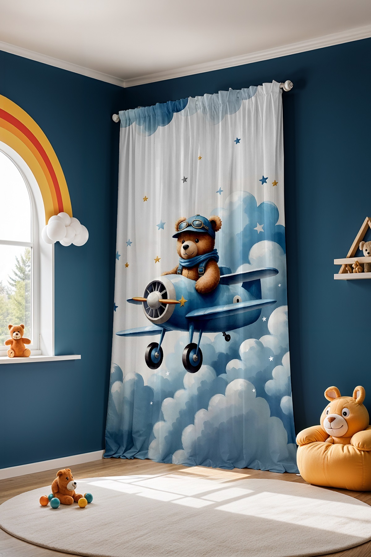 Evpanya Mavi Uçaklı Ayıcık Desenli Çocuk Bebek Odası Fon Perde (Tek Kanat Fiyatlandırma) fotoğrafı 4 (önizleme)