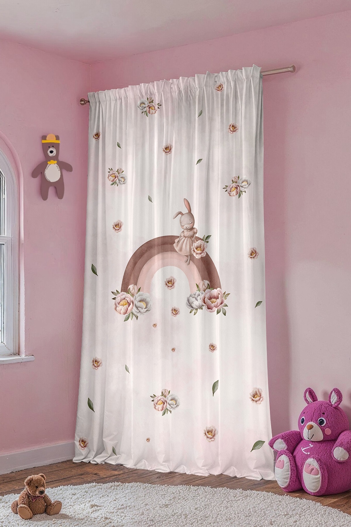 Evpanya Gökkuşağında Çiçekli Tavşan Desenli Çocuk Bebek Odası Fon Perde (Tek Kanat Fiyatlandırma) fotoğrafı 4 (önizleme)