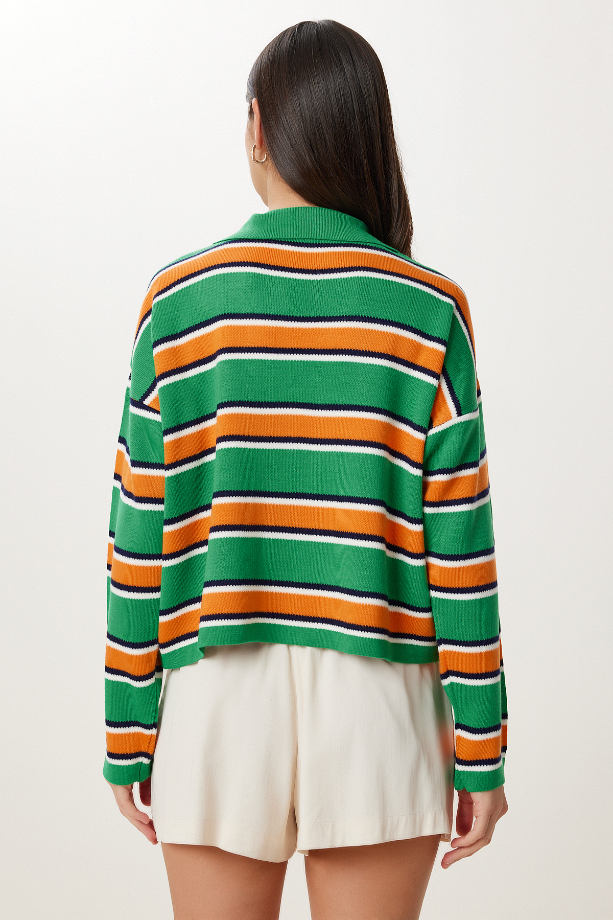 Happiness İstanbul  Kadın Yeşil Oranj Polo Yaka Çizgili Triko Kazak Kİ00145 - Görsel 6