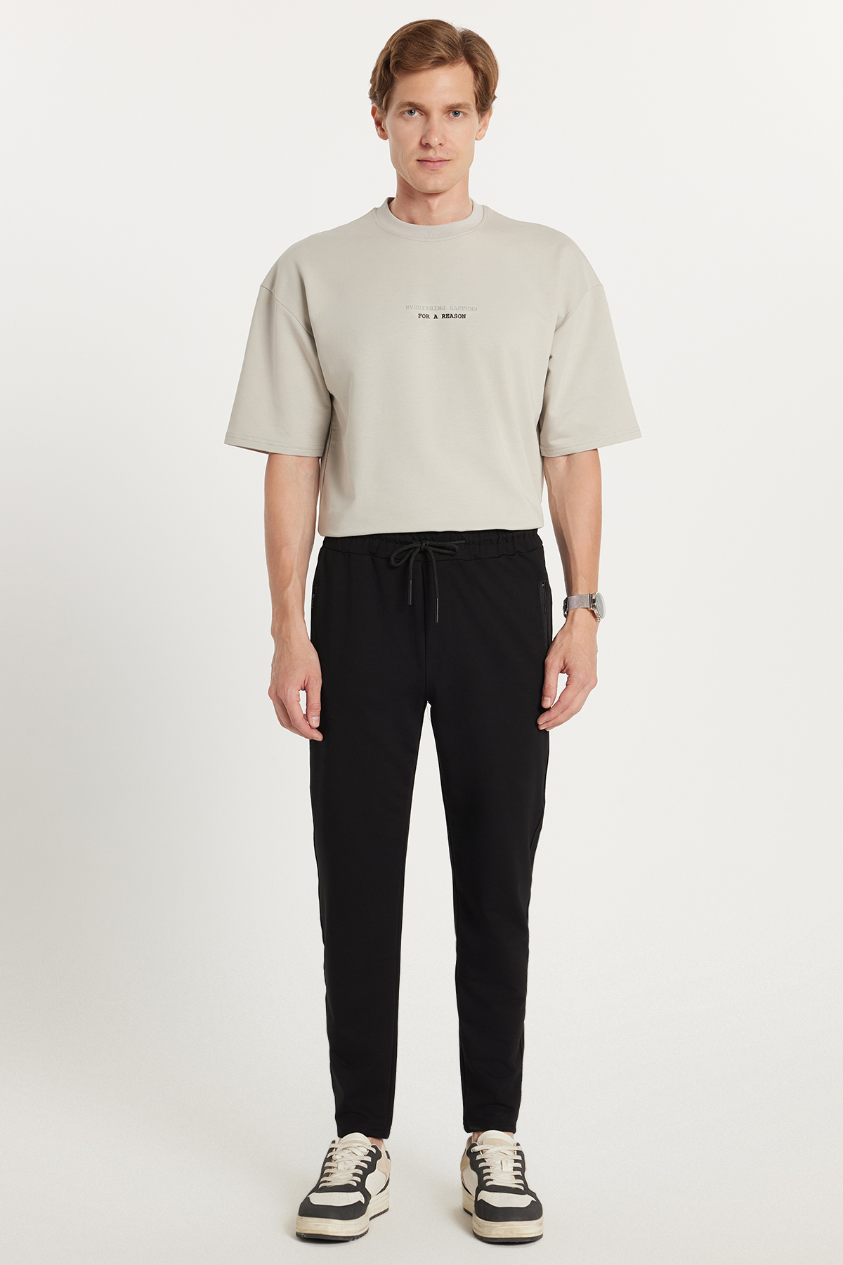 Tudors  Unisex Standart Fit Pamuklu 2 İplik Fermuar Cepli Lastikli Bağlamalı Düz Paça Siyah Eşofman Altı - Görsel 4