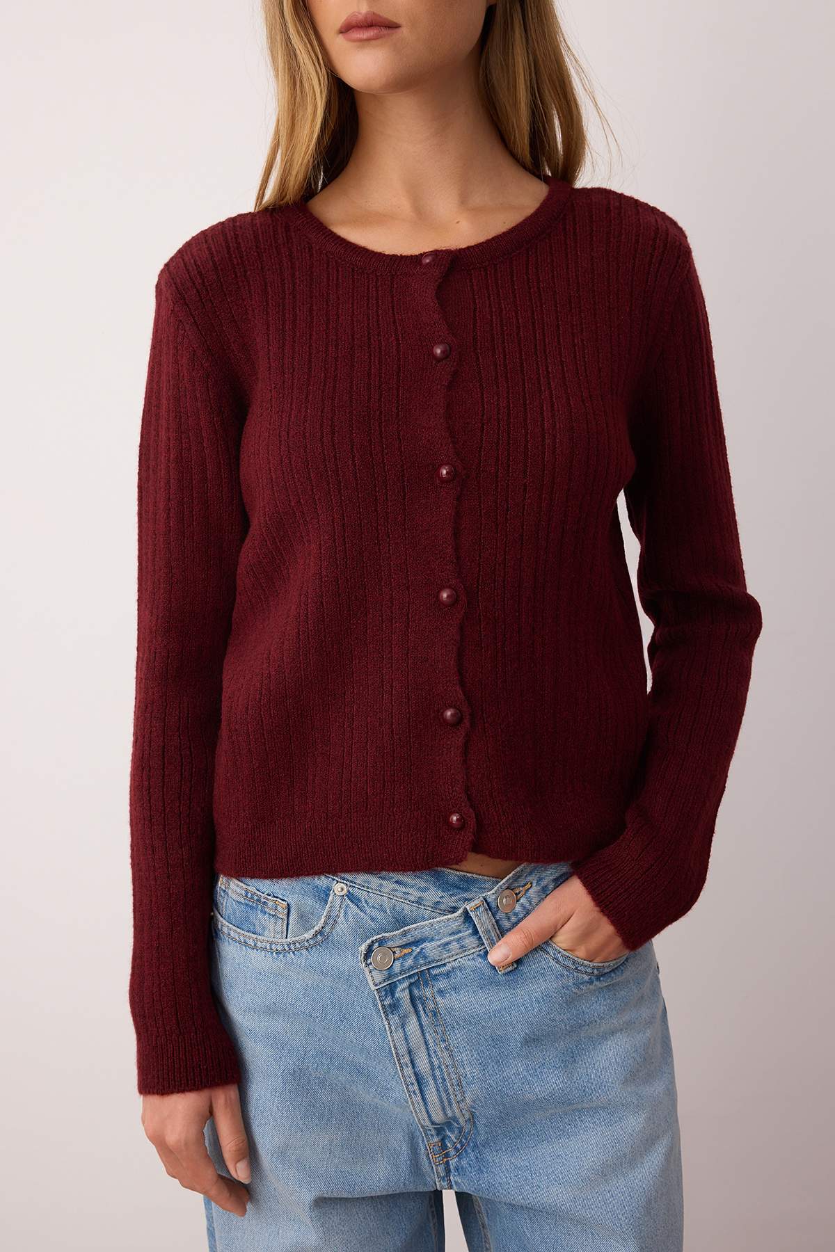 Trendyolmilla  Bordo Kare Yaka Dantel Garnili Triko Hırka-Bluz Yumuşak Dokulu Triko Takım TWOAW26HI00086 - Görsel 5