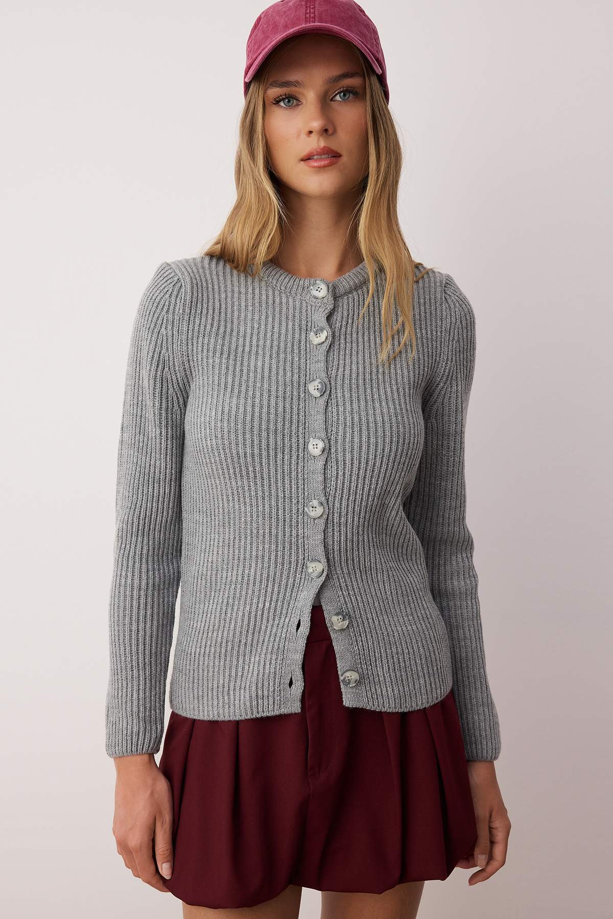 Trendyolmilla More Sustainable Gri Fitted/Vücuda Oturan Basic Fitilli Triko Hırka TWOAW26HI00175