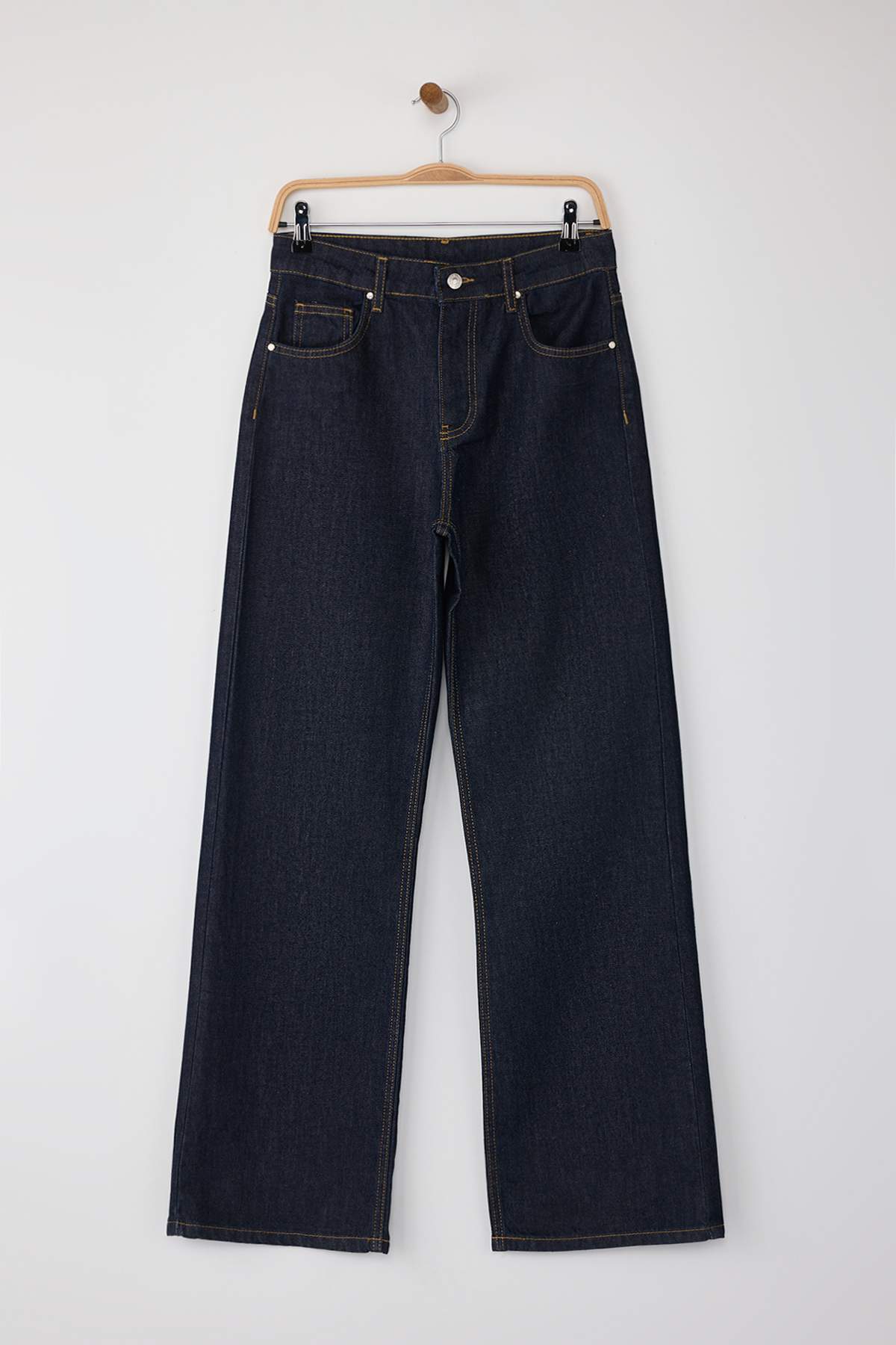 Trendyolmilla  Koyu Mavi Yüksek Bel Wide Leg Geniş Paça %100 Pamuk Non-Stretch Jeans TWOAW26JE00007 - Görsel 5