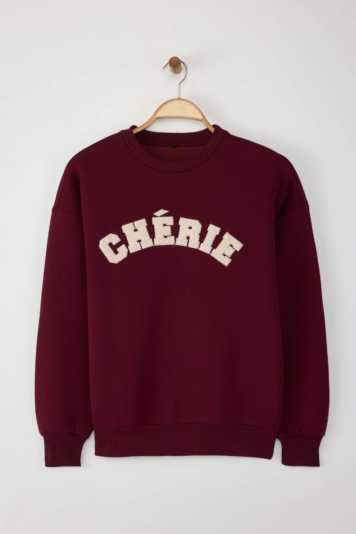 Trendyolmilla  Bordo Kalın İçi Polarlı Oversize/Rahat Kesim Slogan Nakışlı Örme Sweatshirt TWOAW25SW00030 - Görsel 6