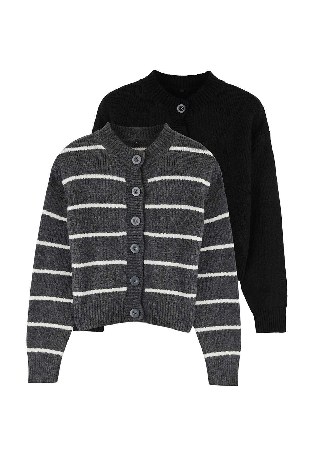 Trendyolmilla  Siyah-Antrasit Yumuşak Dokulu İkili Paket Bisiklet Yaka Triko Hırka TWOAW25HI00352 - Görsel 7