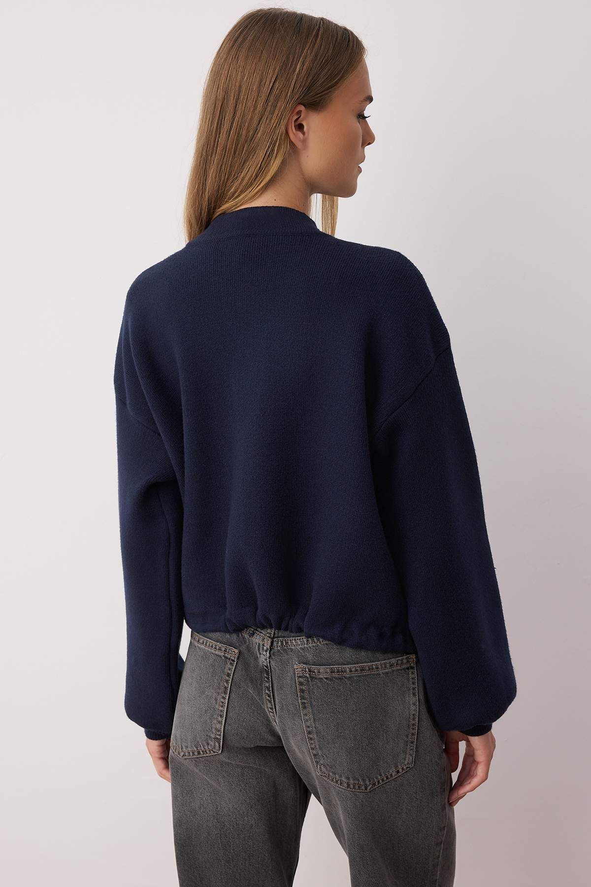 Trendyol Collection-Navy Blue Zippered Premium Yarn/Special Yarn Wide Fit Coat Look Knitwear Cardigan Twoaw26Hi00025 4