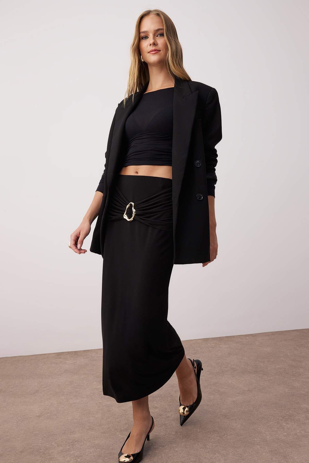 Trendyol Collection-Black Accessory Detail A-Line/A-Line Open Flexible Knitted Midi Skirt Twoaw26Et00020 2