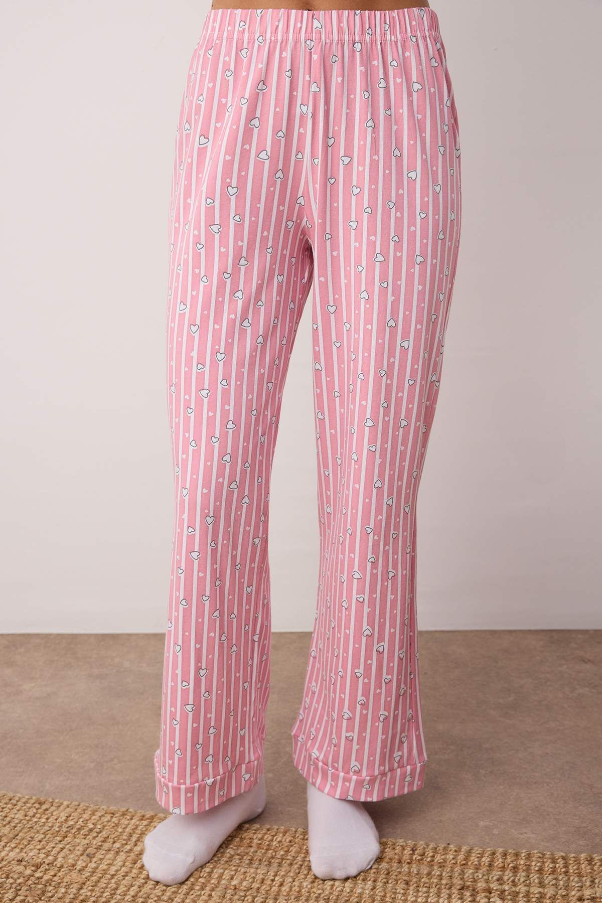 Trendyol Collection-Pamut csíkos és szív alakú pizsama alsó - rózsaszín THMSS23PJ00002 3