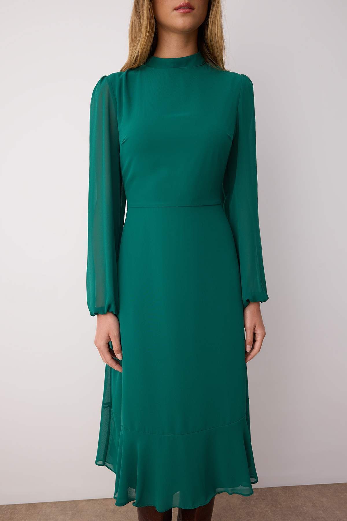 Trendyol Collection-Rochie de iarnă din șifon midi cu căptușeală verde - guler vertical TWOAW20EL1313 3