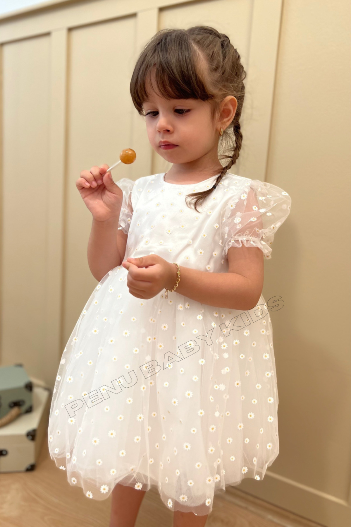 penu baby kids Beyaz Çiçek Desenli Tül Etekli Ve Kısa Tül Kol Kız Bebek & Kız Çocuk Elbise - Flower fotoğrafı 4 (önizleme)