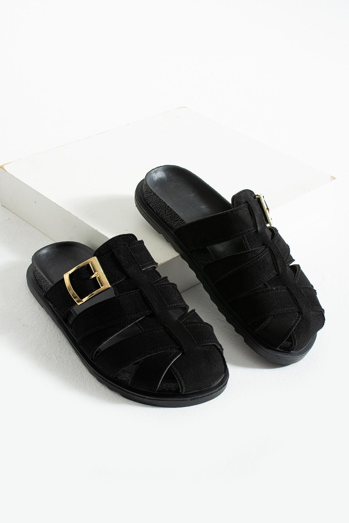 Patter Women's Flat Sole Slippers with Black Suede Belt Buckle Detail