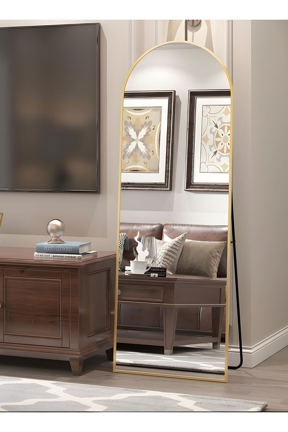Taimi-مرآة كبيرة بتصميم أنيق، مقاس 150×50 سم، بإطار معدني ذهبي وحامل خلفي 6