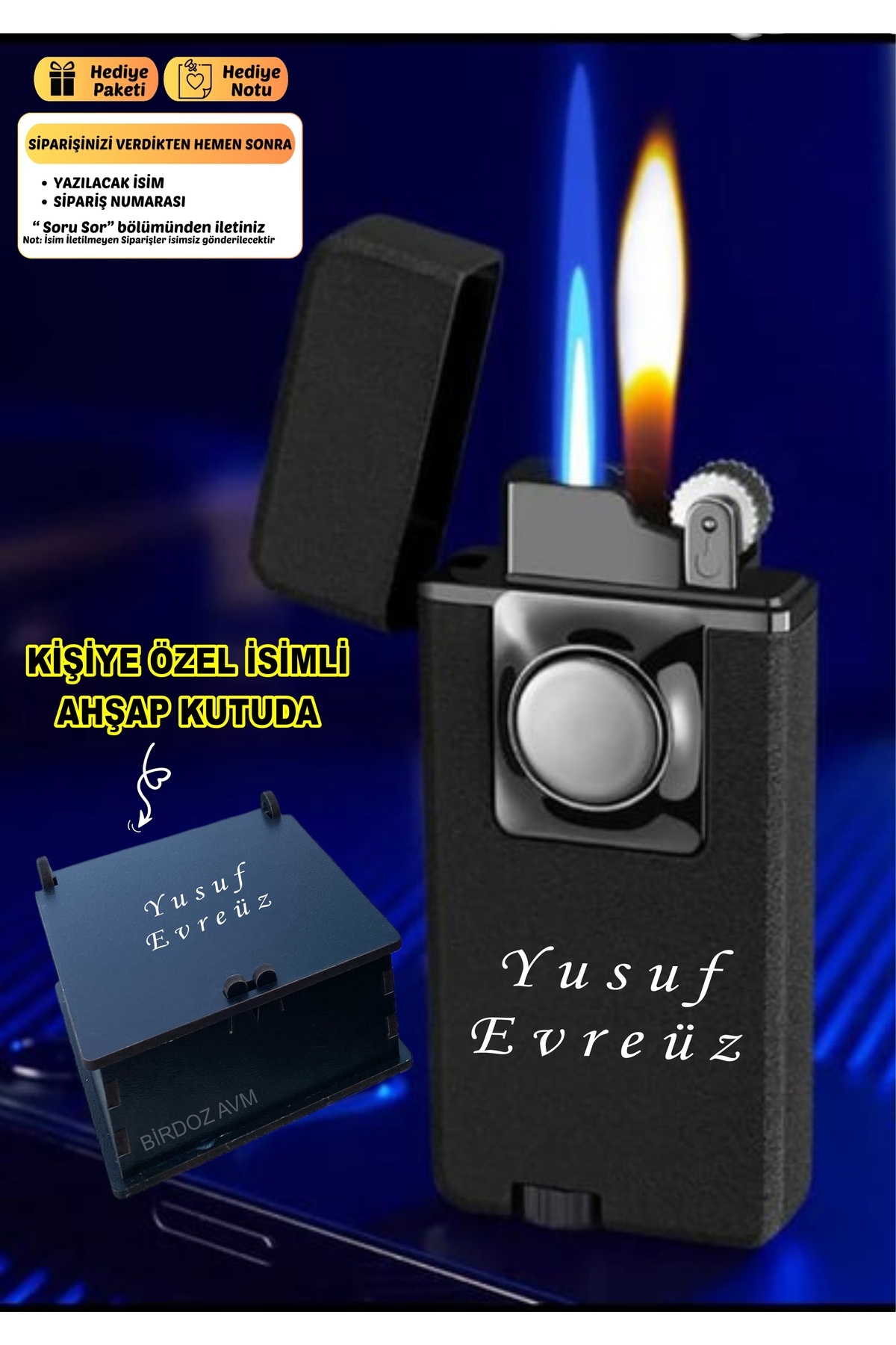 BİRDOZ Kişiye Özel Isimli Çift Alevli Ayarlanabilir Düğmeli Çakmak & Özel Ahşap Kutusunda