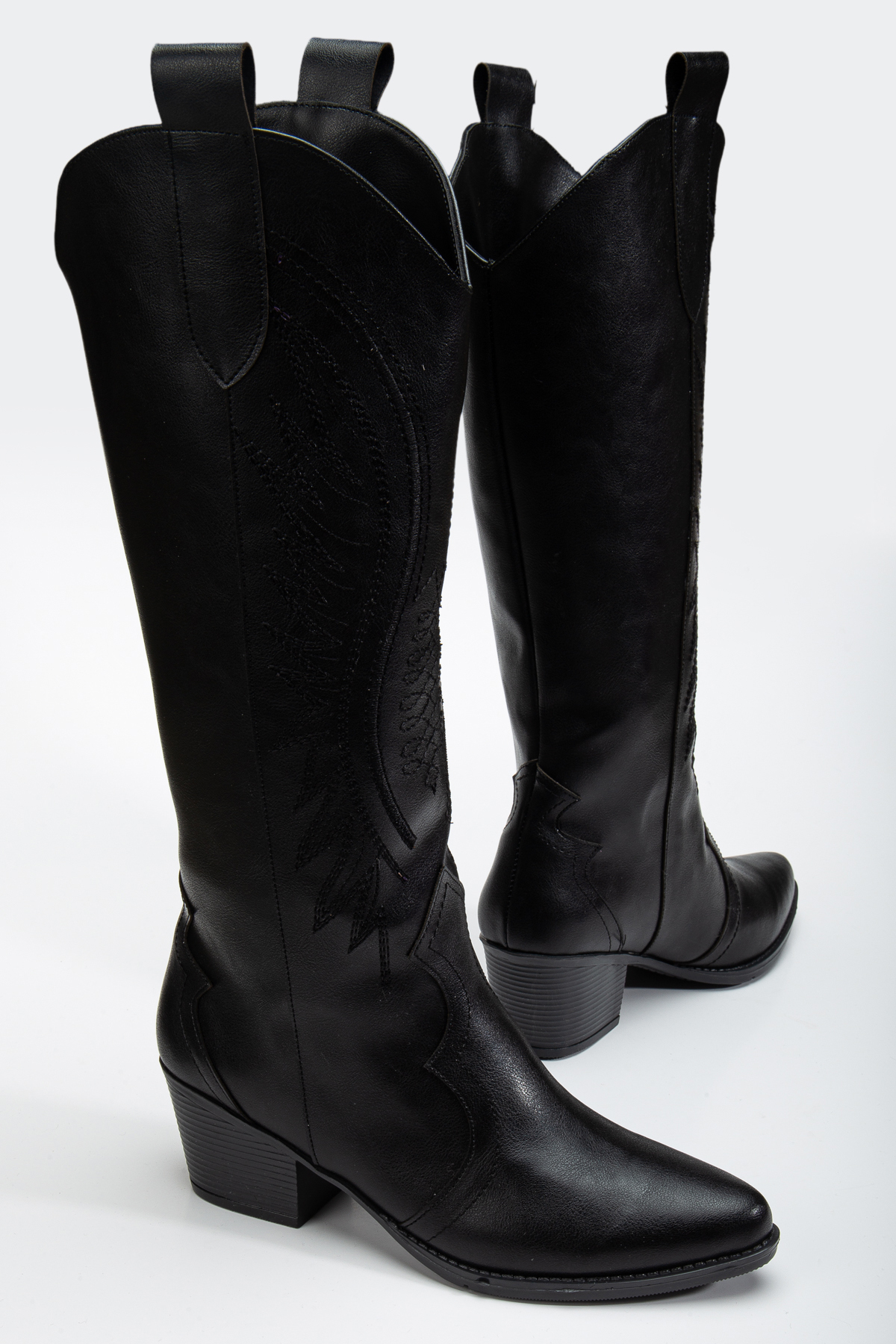 MS SUGAR SHOES  Kadın Siyah Suni Deri Nakışlı Western Kovboy Cowgirl Bot Çizme - Görsel 5