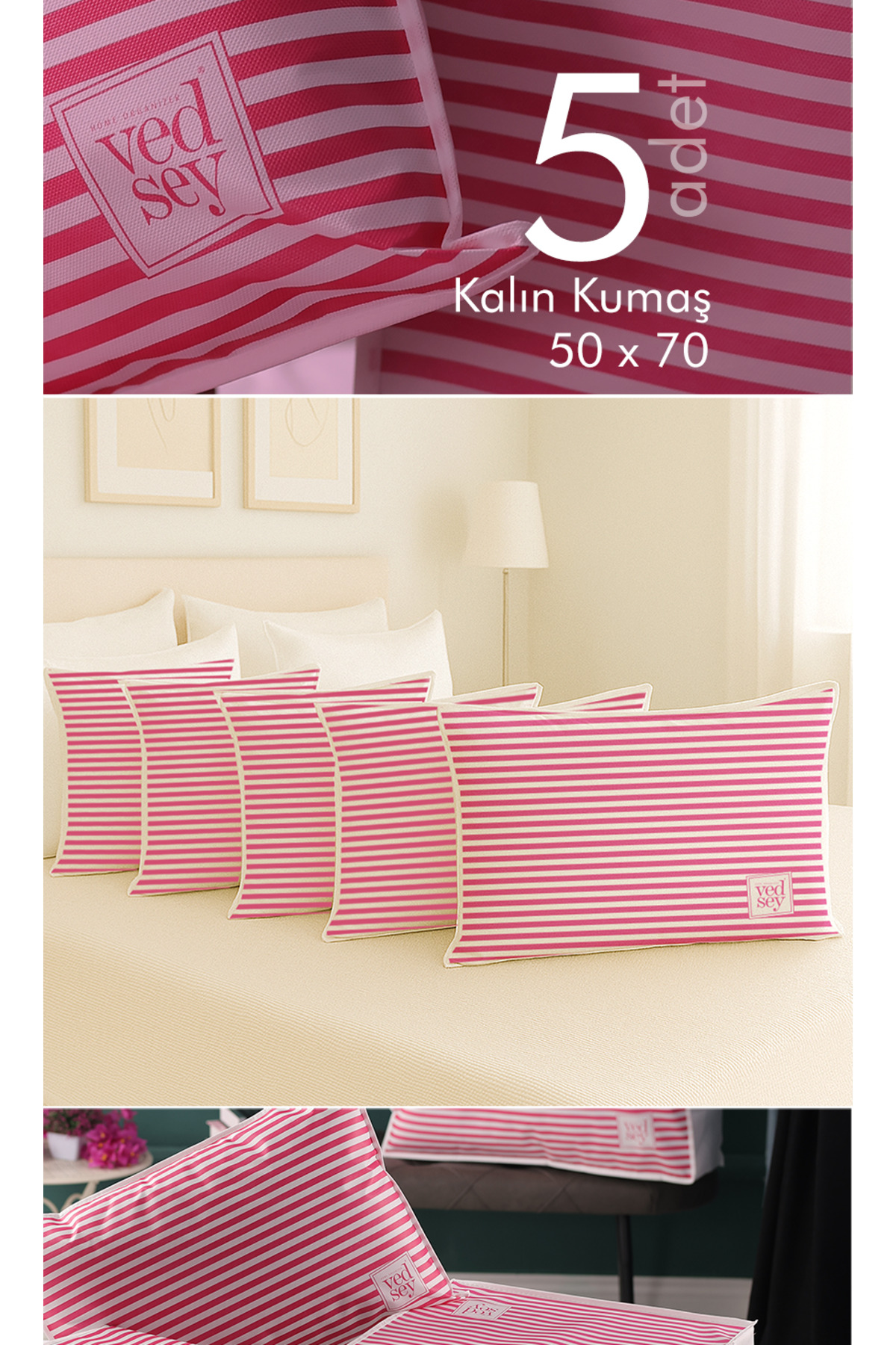 5-Piece Set 70x50 Cm Pillow & Clothing Organizer Hatch Pink Striped