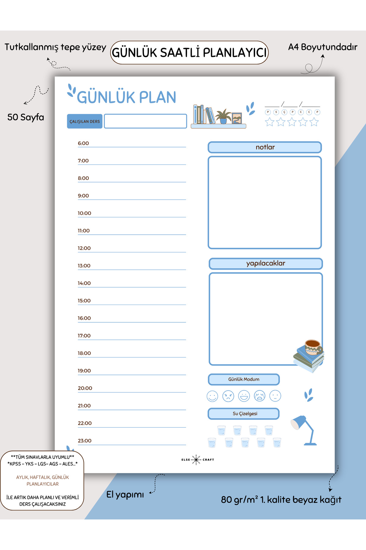 Else Craft Günlük Saatli Planlayıcı - A4 - Dikey - Ders Çalışma Planlayıcısı Notepad - Mavi No 4.03