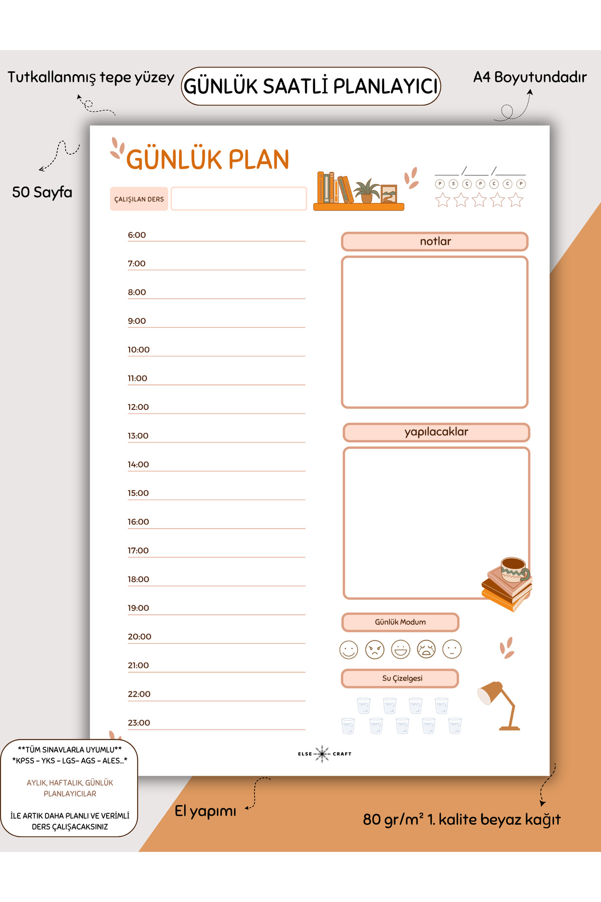 Else Craft Günlük Saatli Planlayıcı - A4 - Dikey - Ders Çalışma Planlayıcısı Notepad - Turuncu No 5.03