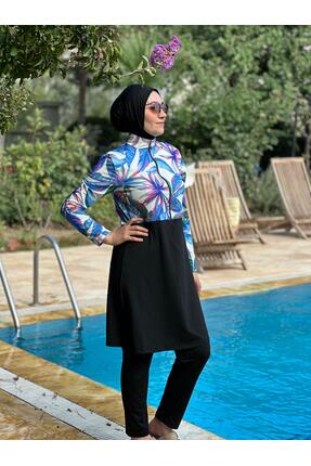 HOTEPS Mavi tropik desen likralı- tam kapalı tesettür mayo