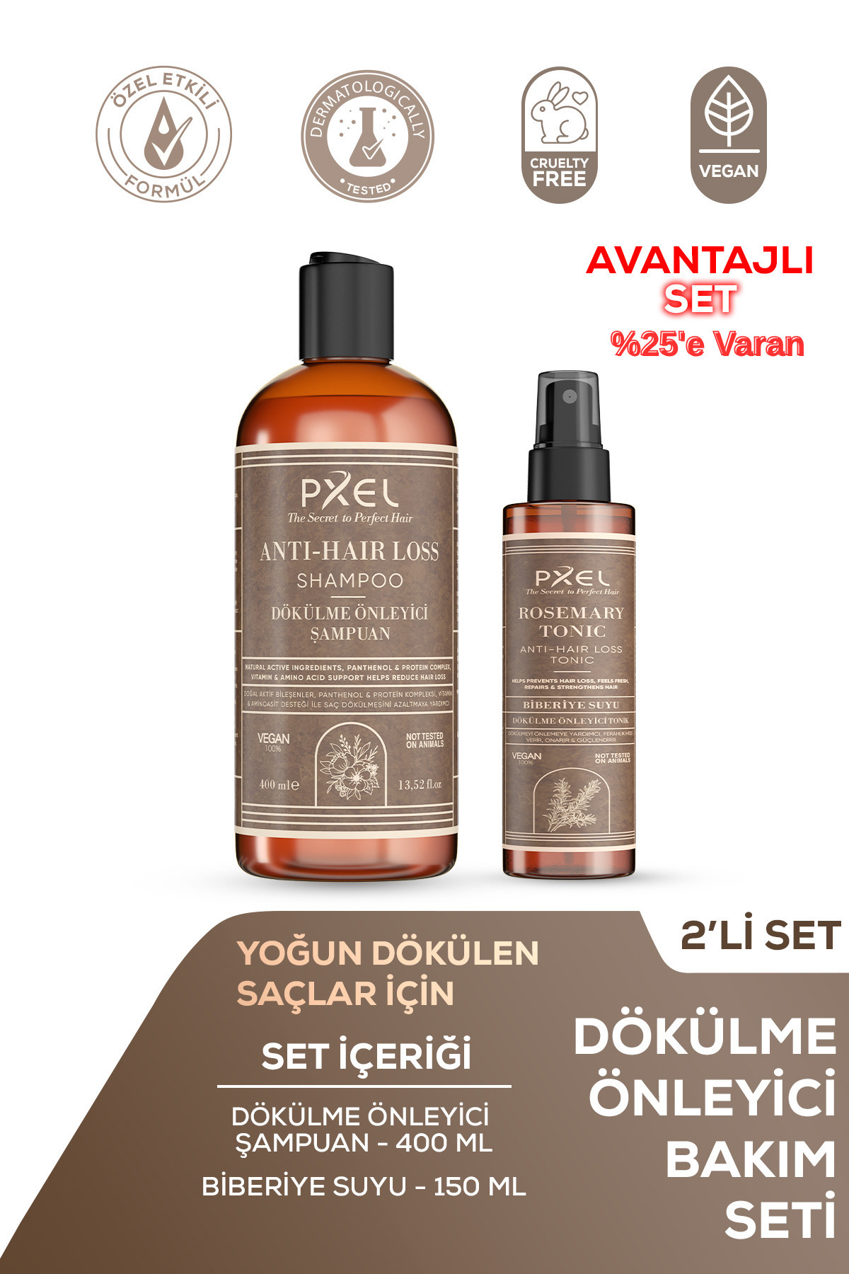 PXEL Dökülme Önleyici Şampuan – Biberiye Saç Bakım Toniği 2’li |400 ML, 150 ML — PXLDOKLSET02