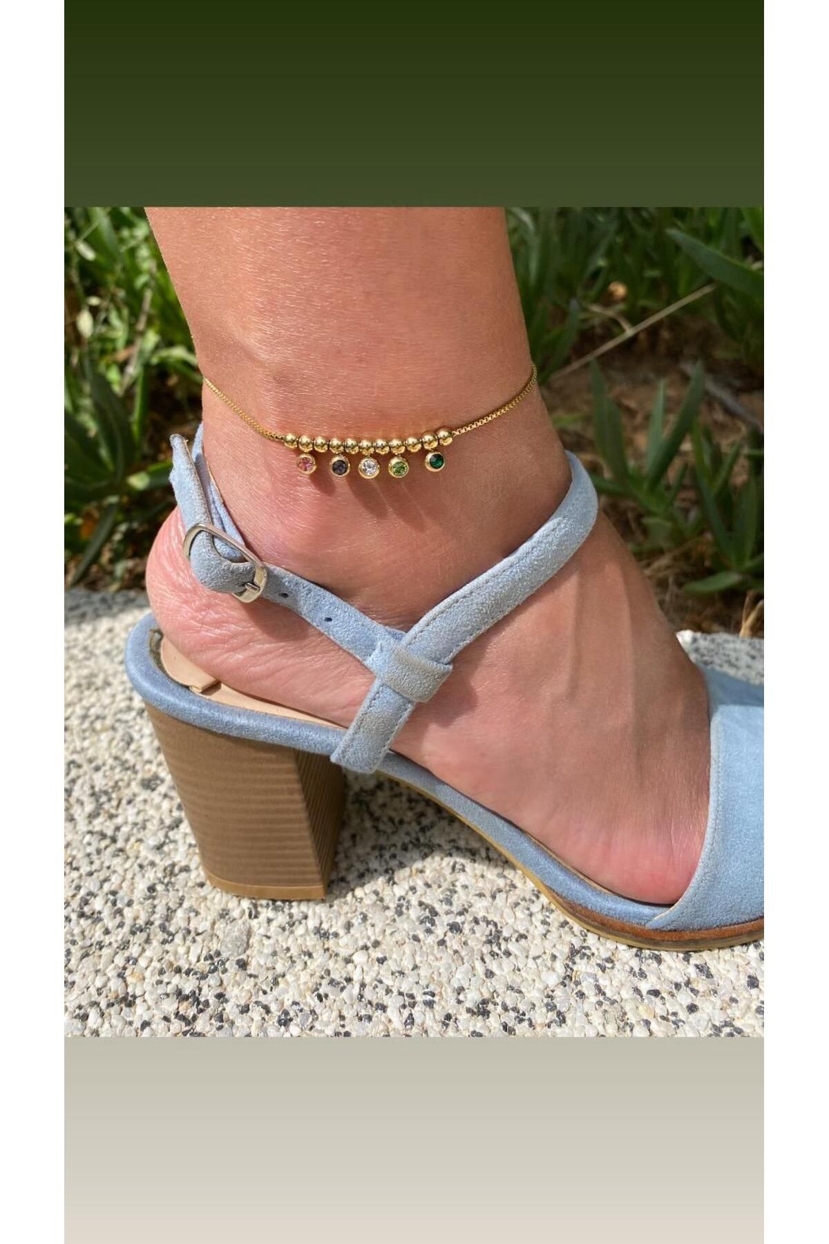 marsel aksesuar-Colorful Five Stone Round Gold Steel Anklet 3