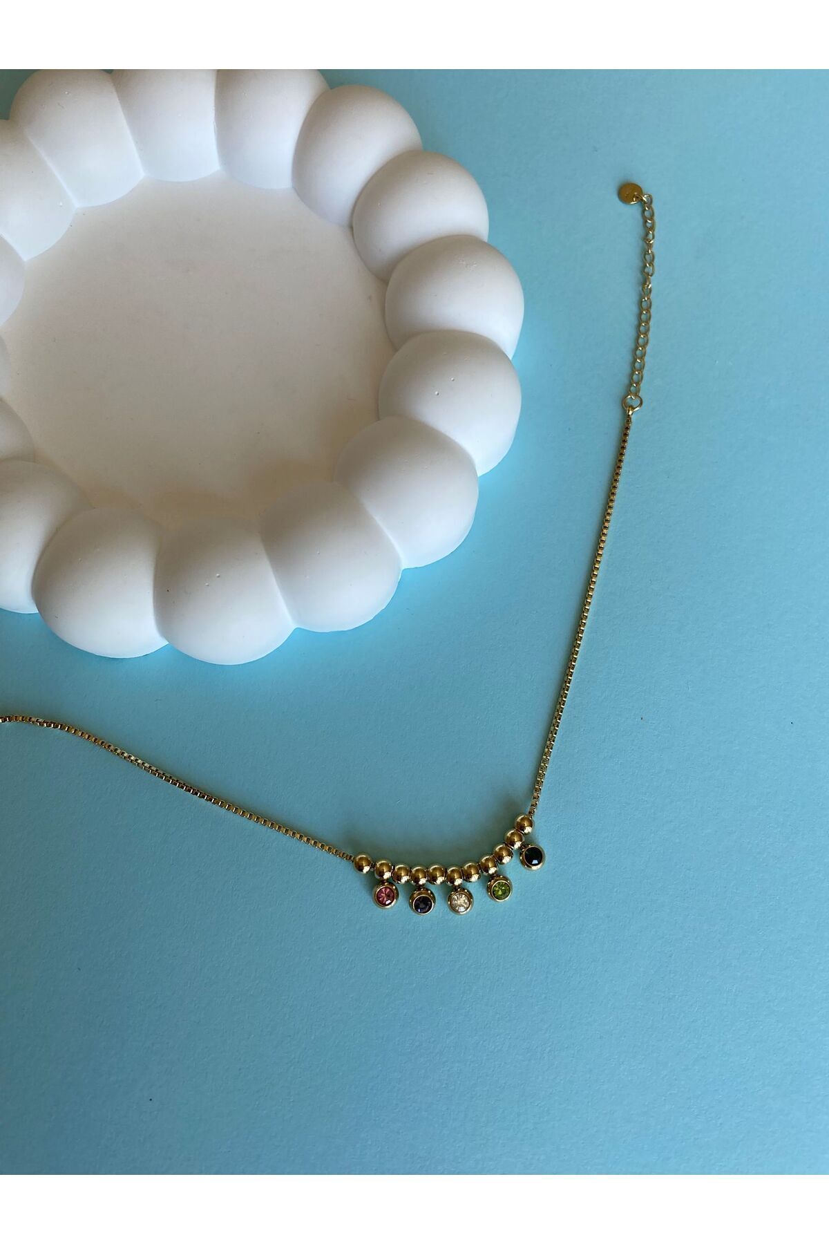 marsel aksesuar-Colorful Five Stone Round Gold Steel Anklet 7