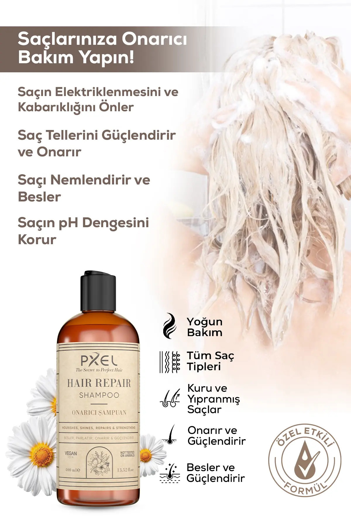 Onarıcı Şampuan – Argan Serum 2’li Set | Yıpranmış ve Kuru Saçlar İçin |400 ML, 75 ML — PXLONRSET02 — تصویر 5 از 7