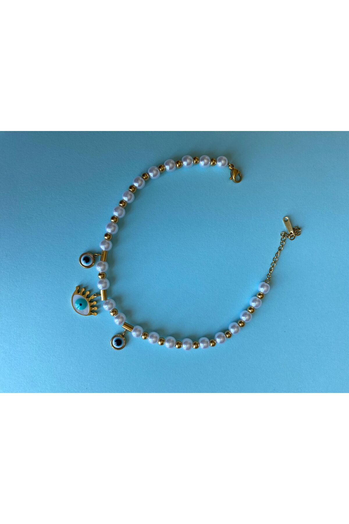 marsel aksesuar-Steel Anklet with Pearl Evil Eye and Eye Figure 7