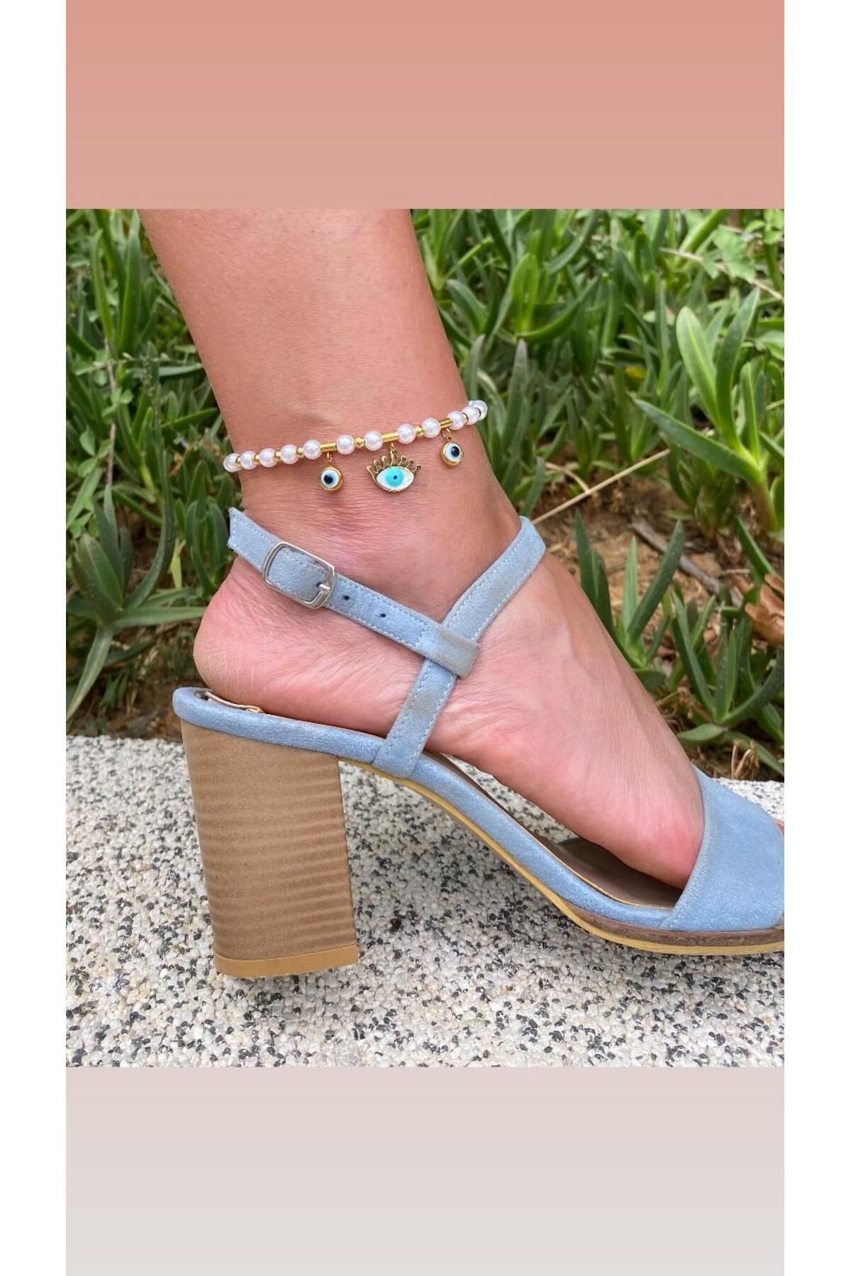 marsel aksesuar-Steel Anklet with Pearl Evil Eye and Eye Figure 2