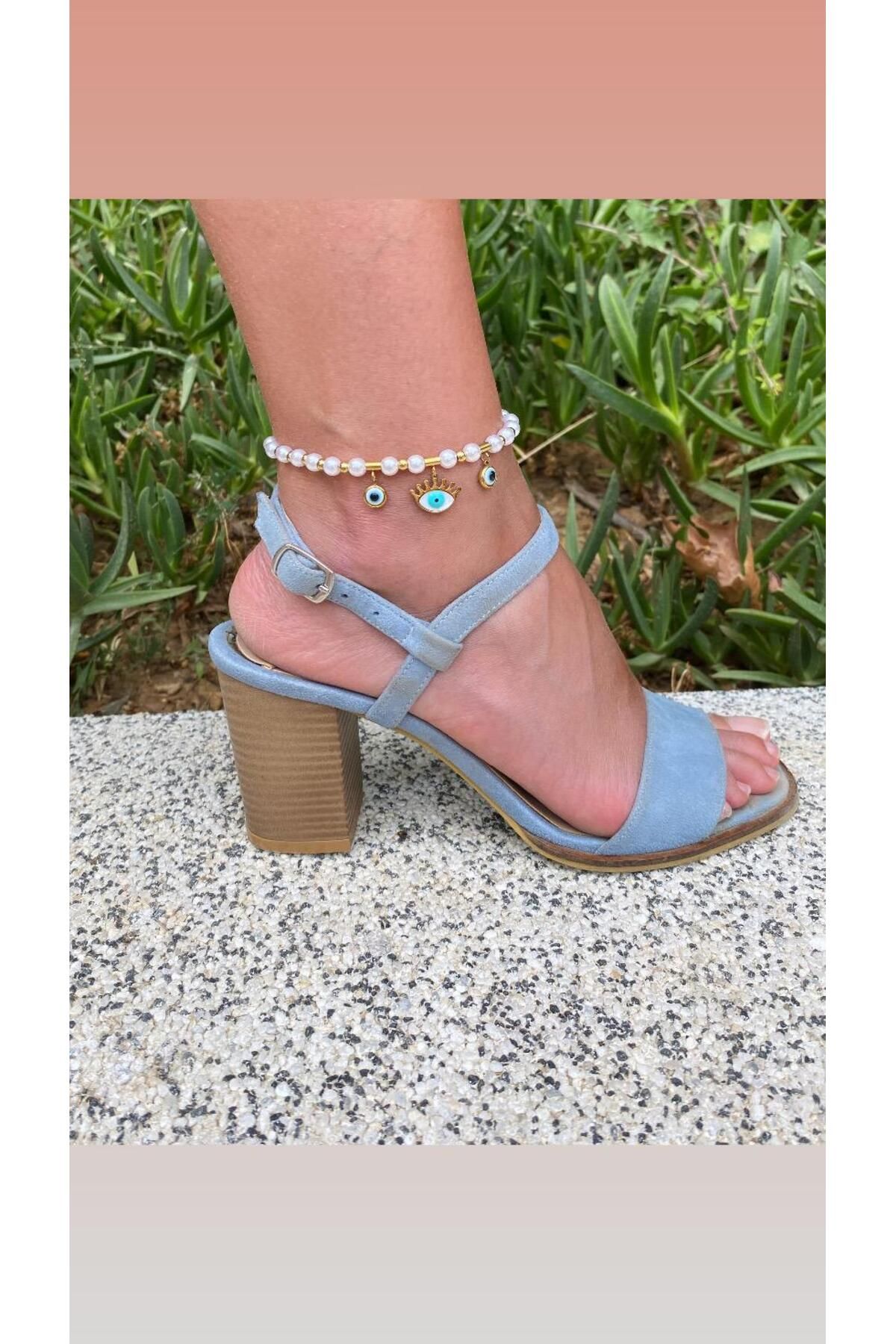 marsel aksesuar-Steel Anklet with Pearl Evil Eye and Eye Figure 6