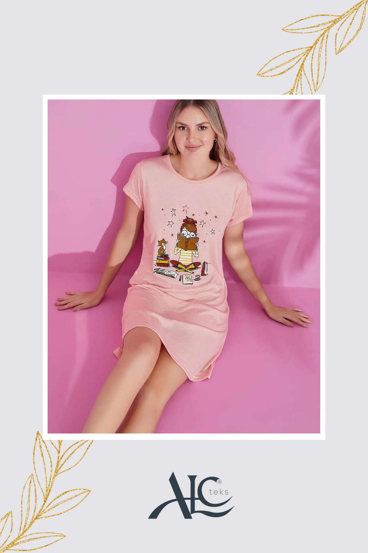 Alcteks KADIN GECELİK Şık Ve Konforlu | Pamuk Dokulu, Pembe Renkli, Kısa Kollu