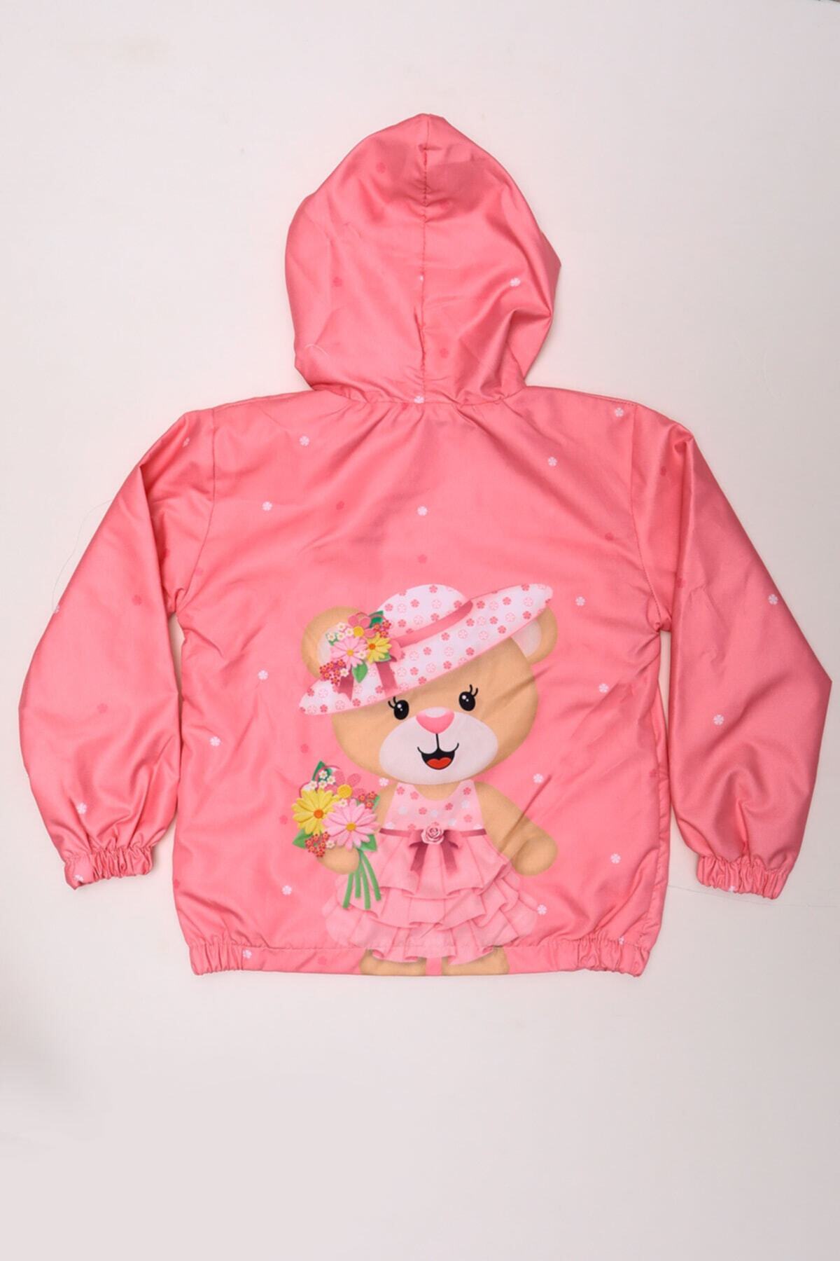 Mika Bebek & Çocuk Ayıcık Baskılı Pembe Kapüşonlu Kız Çocuk Kız Bebek Yağmurluk fotoğrafı 2 (önizleme)