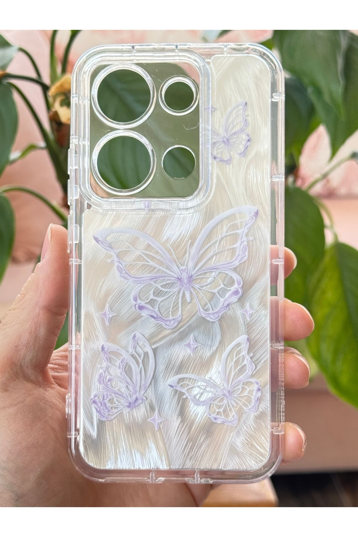 Fibaks-Redmi Note 13 Pro 4g Case Plug-In Camera Protected Glossy Hologram Butterfly Pattern Shock Absorbing 4