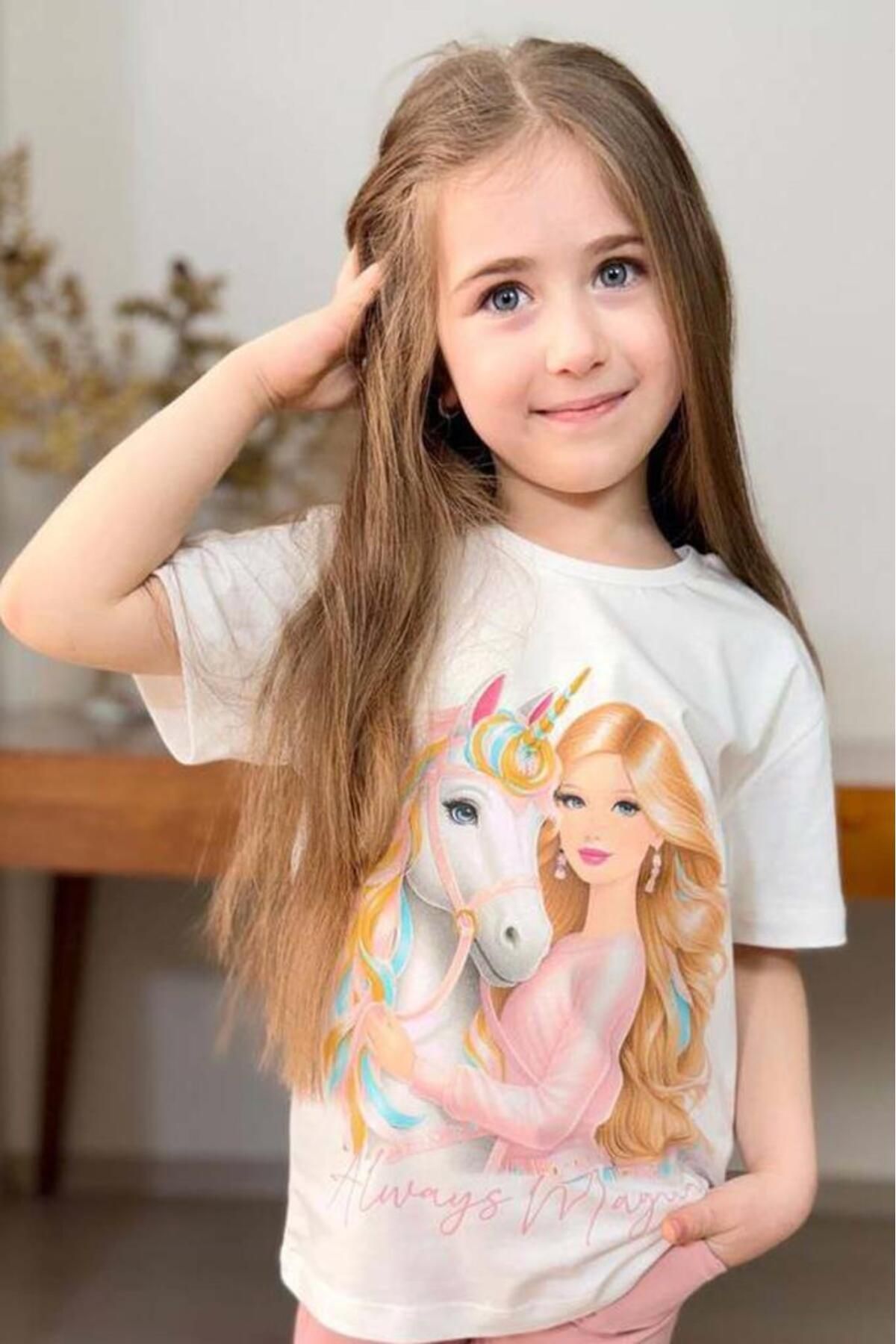 Riccotarz-Girl's Digital Baby and Horse Printed Combed Cotton T-Shirt Powder Shorts Set 3