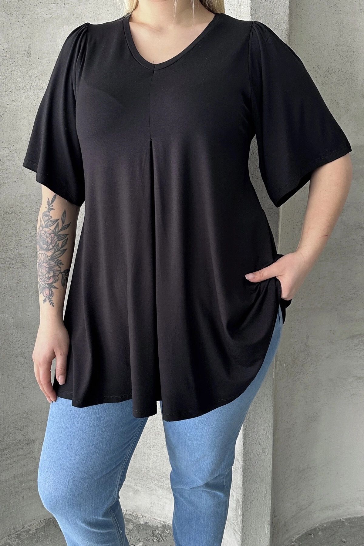Stil Diva-Plus Size Double Pack V Neck Patternless Asymmetric Cut Lycra Blouse 320315X2 5