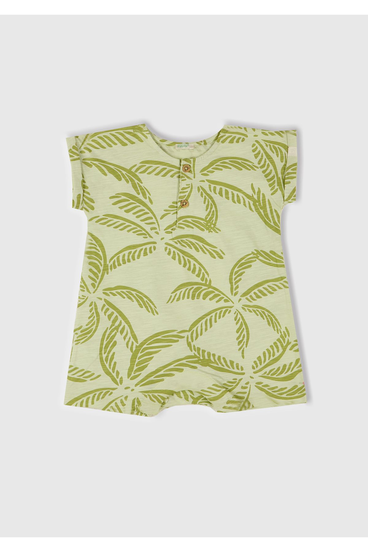 United Colors of Benetton-Baby Green Fully Patterned Jumpsuit with Button Detail on the Front and Hidden Snap Fasteners 1