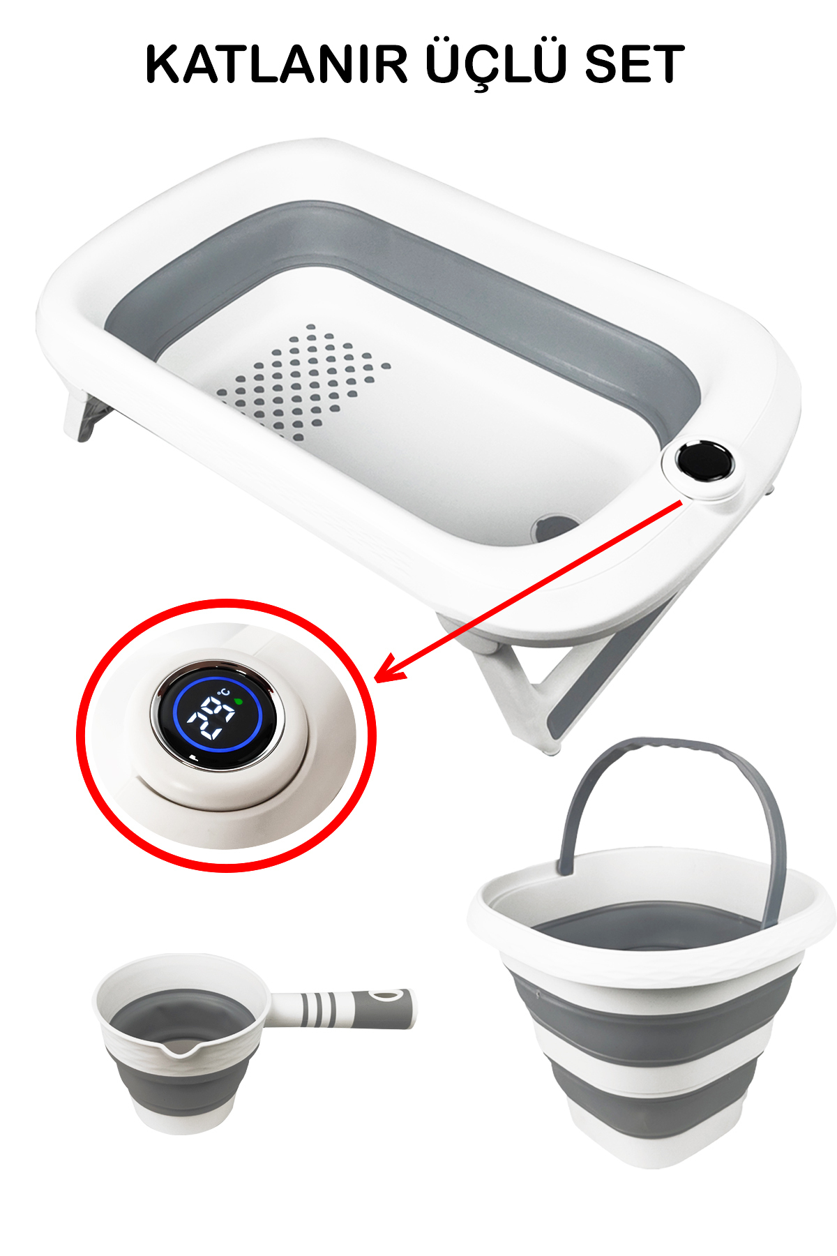 Zuu Baby Yeni Termometreli Katlanır Bebek Küveti 45 Lt. 3 Lü Set Gri fotoğrafı 5 (önizleme)