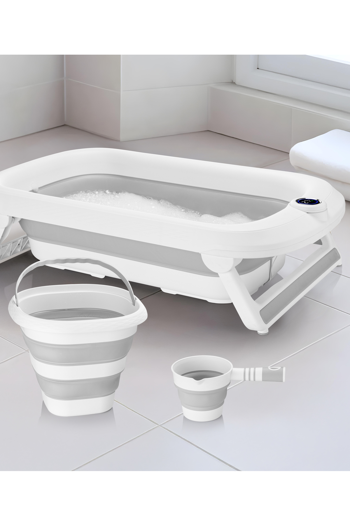 New Folding Baby Bathtub with Thermometer 45 Lt. Set of 3 Gray
